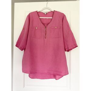 Company Ellen Tracy Linen Blend Pink Zip Tunic Top XL Roll Tab 3/4 Sleeve